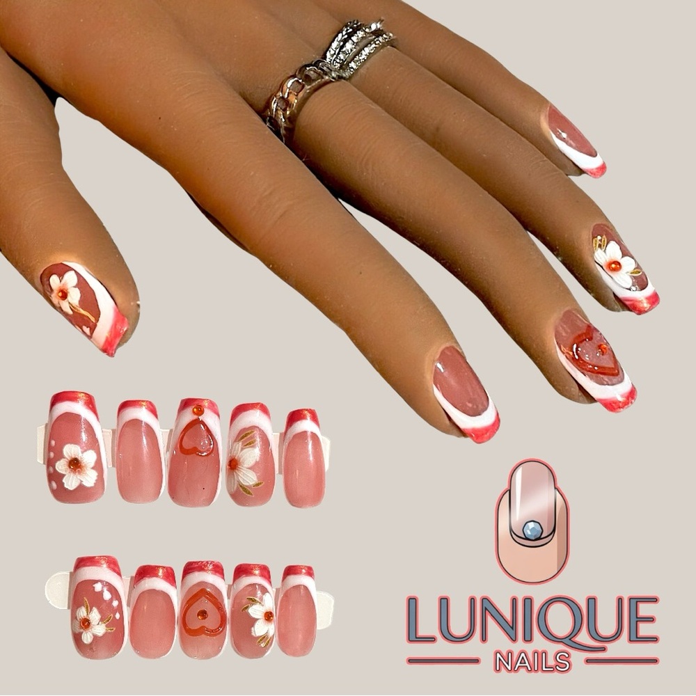 LuNique Nails Red French Tip Floral Press-Ons Handmade, Custom Sizes Size XS